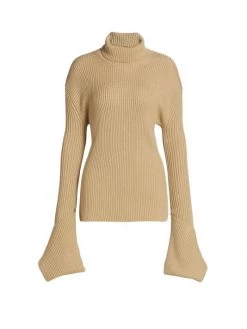 St. John Bell-Cuff Ribbed Wool Turtleneck