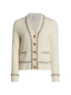 St. John Tweed-Embellished Cashmere Cardigan Ecru Black White