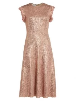 St. John Sequin Knit Cap Sleeve Fit & Flare Dress W/ Fringe Trim Detail - Lined