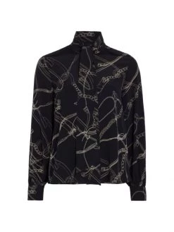 St. John Equestrian Silk Tie-Neck Blouse