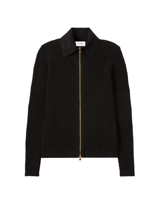 St. John Cable-Knit Zip-Front Cardigan Black - Image 3