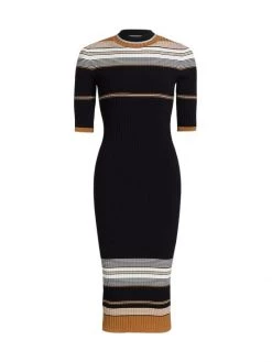 St. John Striped Ribbed-Knit Midi-Dress