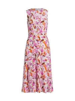St. John Pleated Watercolor Floral Print Midi-Dress