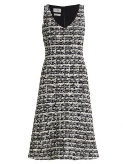 St. John Sleeveless Plaid Tweed Knee-Length Dress Black Ecru
