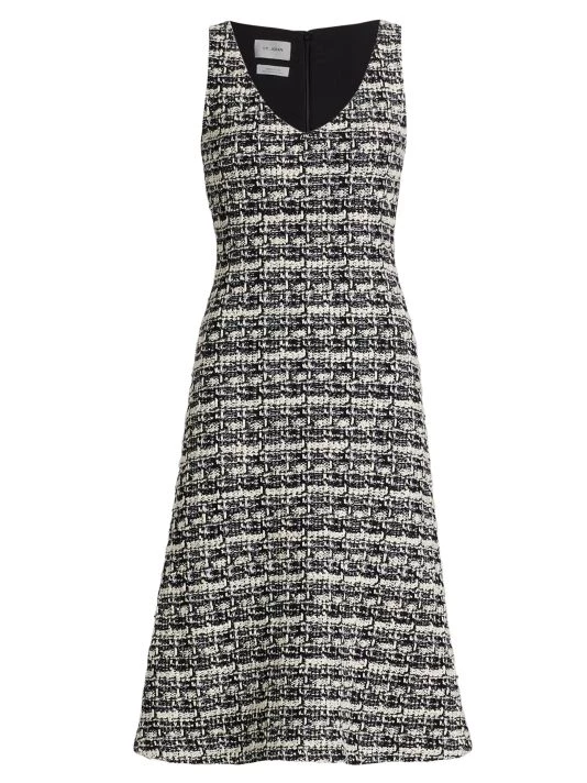 St. John Sleeveless Plaid Tweed Knee-Length Dress Black Ecru